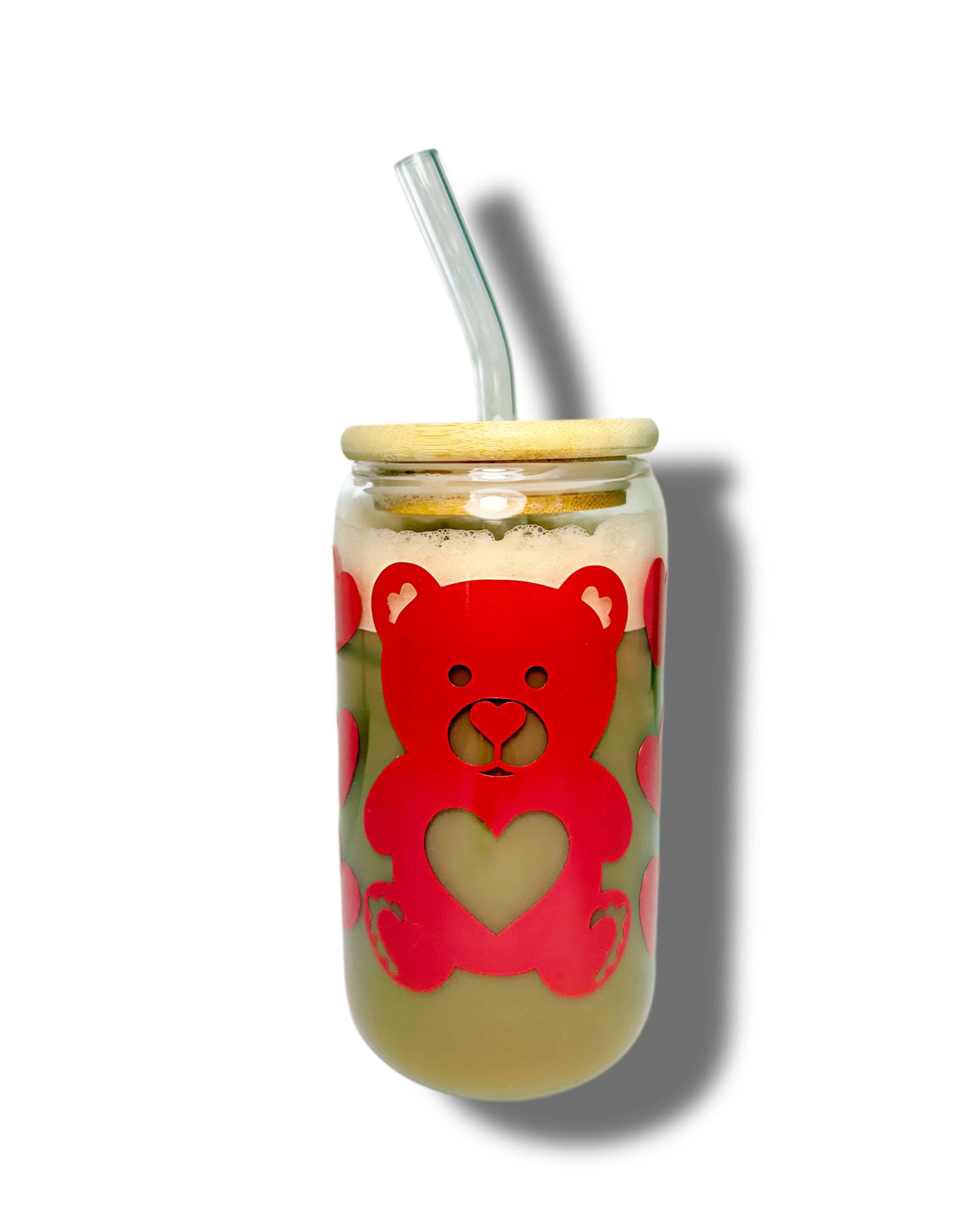 Bear &amp; Hearts Valentines Glass Cup 16oz