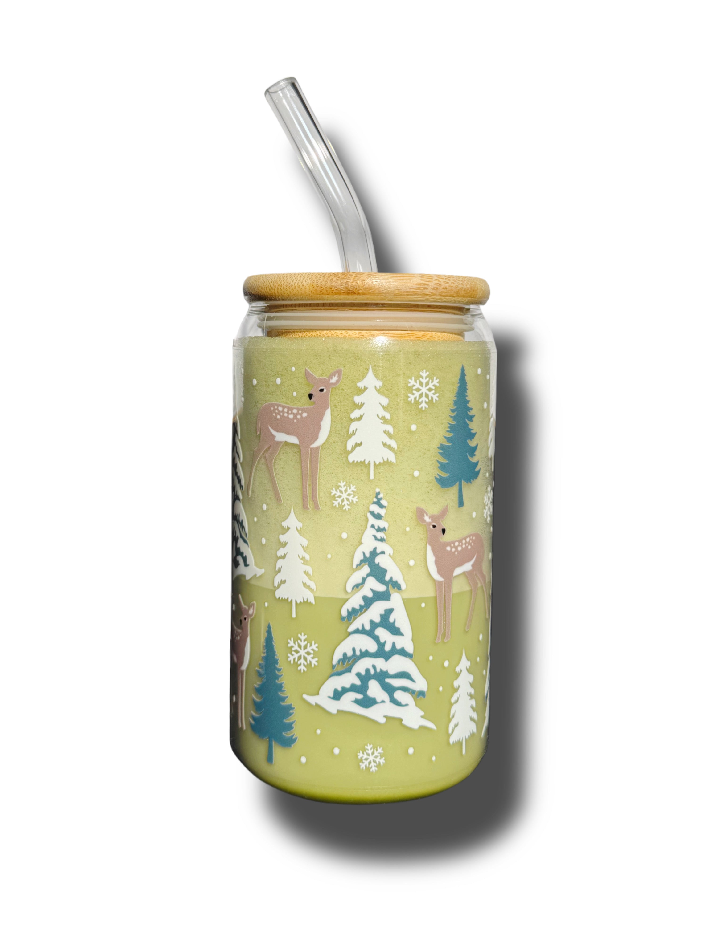 Christmas Trees and Deer Glass Cup 16oz