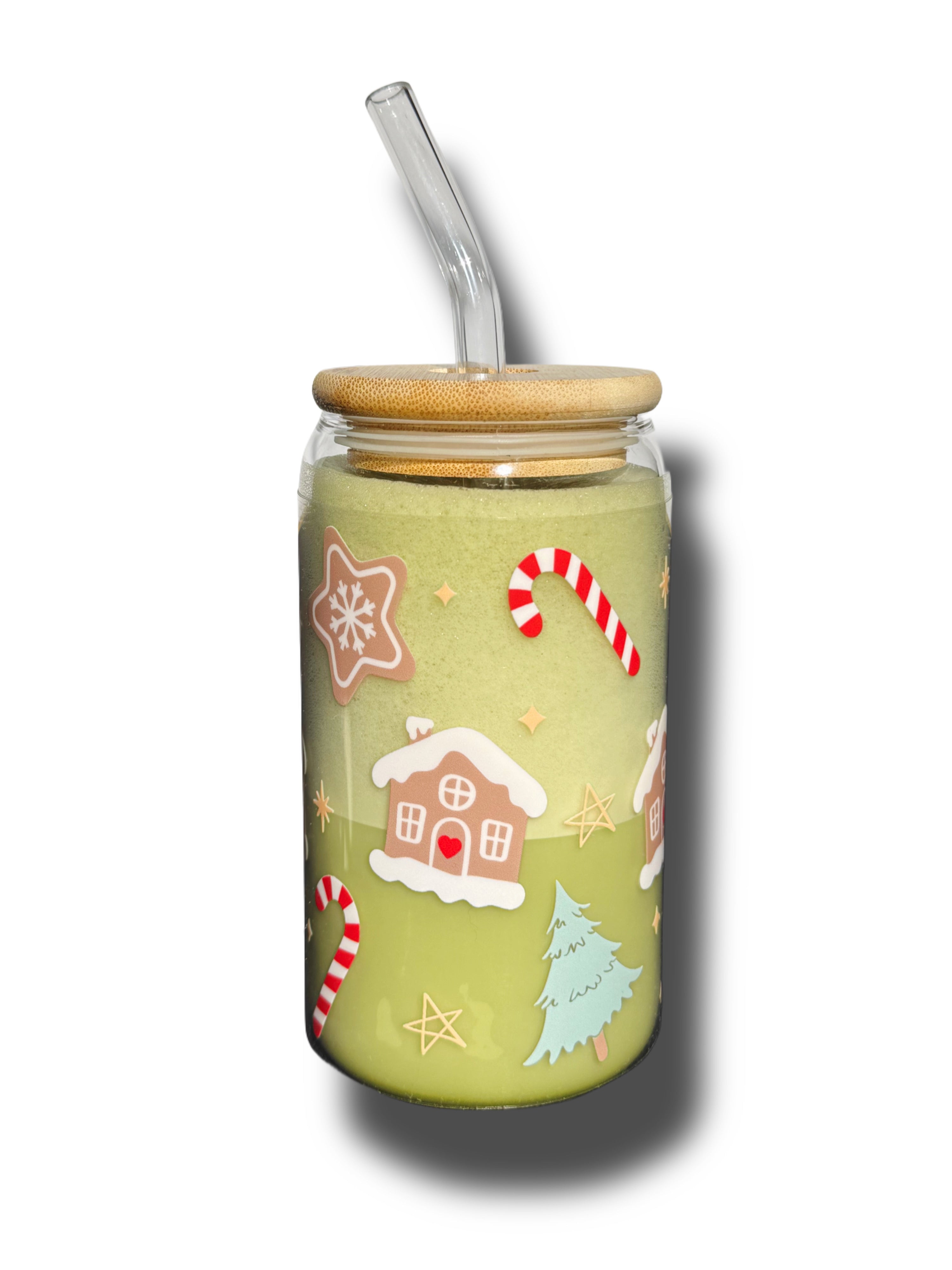 Christmas Trees and Gingerbread house Glass Cup 16oz